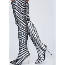 Brand New Holographic Fishnet Thigh-High Boots