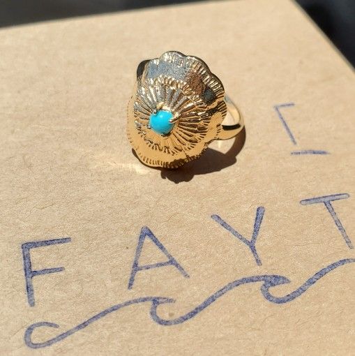 Turquoise Concho Ring by Fayt Jewelry, Size 8, 14k Yellow Gold