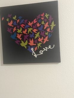 Colorful Birds Heart 'Love' Canvas Wall Art