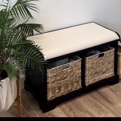 Black/ Wicker Basket 2-Drawer Storage Bench with Cushion 