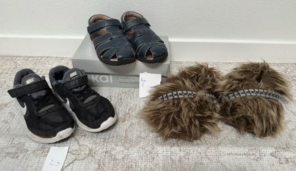 Boys Shoe Set (Size 2 and 2 1/2) Kai Fisherman Sandal, Nike Revolution Sneakers, Chewbacca Slippers