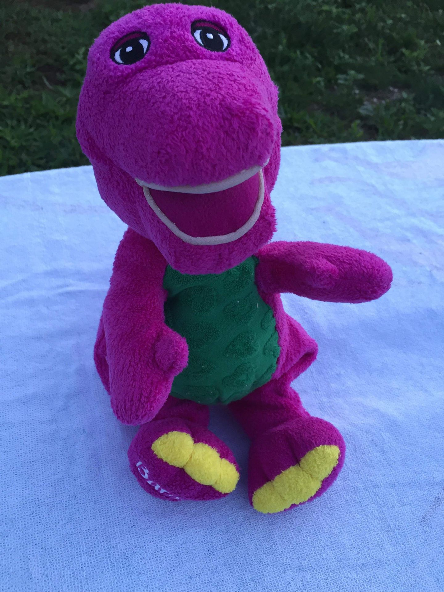 Barney Purple Dinosaur 13" Plush Stuffed Animal Hearts Tummy Stitched Eyes Toy
