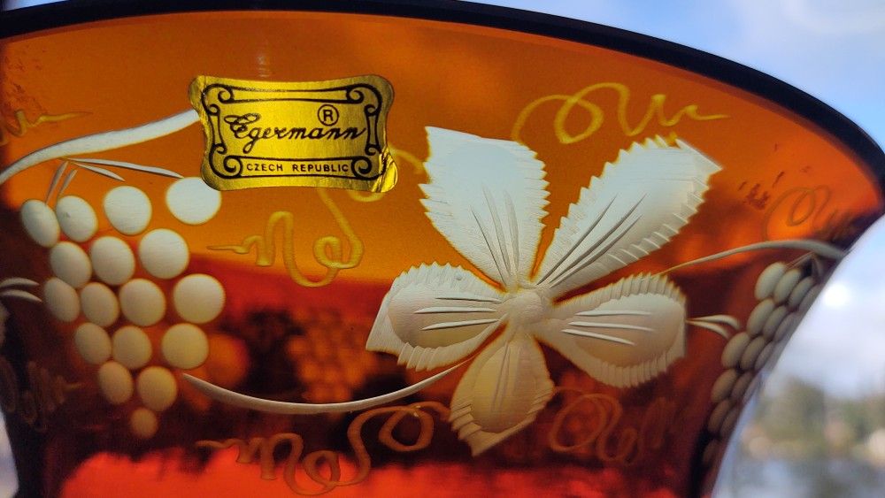 Vintage Egermann, Amber Cut to Clear Glass Etched 7.25" Compote, Czech Republic
We