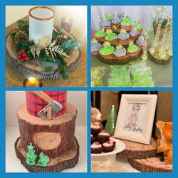 Styrofoam tree wood slices stumps wedding decorations centerpieces flowers jars candles accent photo props cupcake stand display rustic chic quince