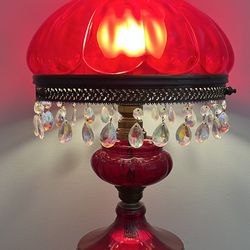 Antique Victorian Ruby Red Budoir Glass Hurricane Lamp Crystals 3 Way Lighting