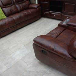 *Fourth Of July Now*---Santiago Stunning Brown Leather Reclining 3 Piece Sets---Delivery And Financing Available🙌