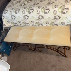 Three Hands corp. ornate bronze metal bench tufted  upholstered ottoman tan beige top Sturdy metal construction Excellent condition  