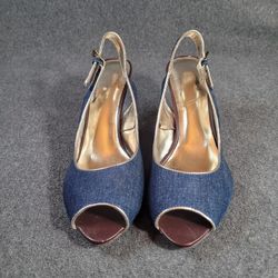 Blue Denim Slingback Heels – Size 9 • Metallic Gold Piping