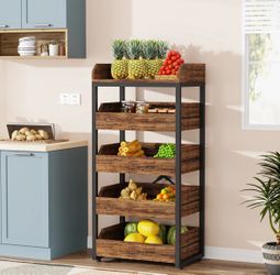 Wood Fruit and Vegetable Storage Rack Basket Stand with 5 Drawers