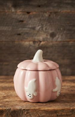 Pastel Pink Ceramic Pumpkin Halloween Canister Candy Dish with Ghosts 5”