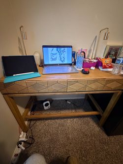 Gold Wood Writing Desk with Geometric Drawers