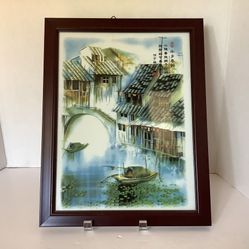 Vintage Chinese Hand Painted Porcelain Tile Plaque “ Village Scene A Boats on Water”