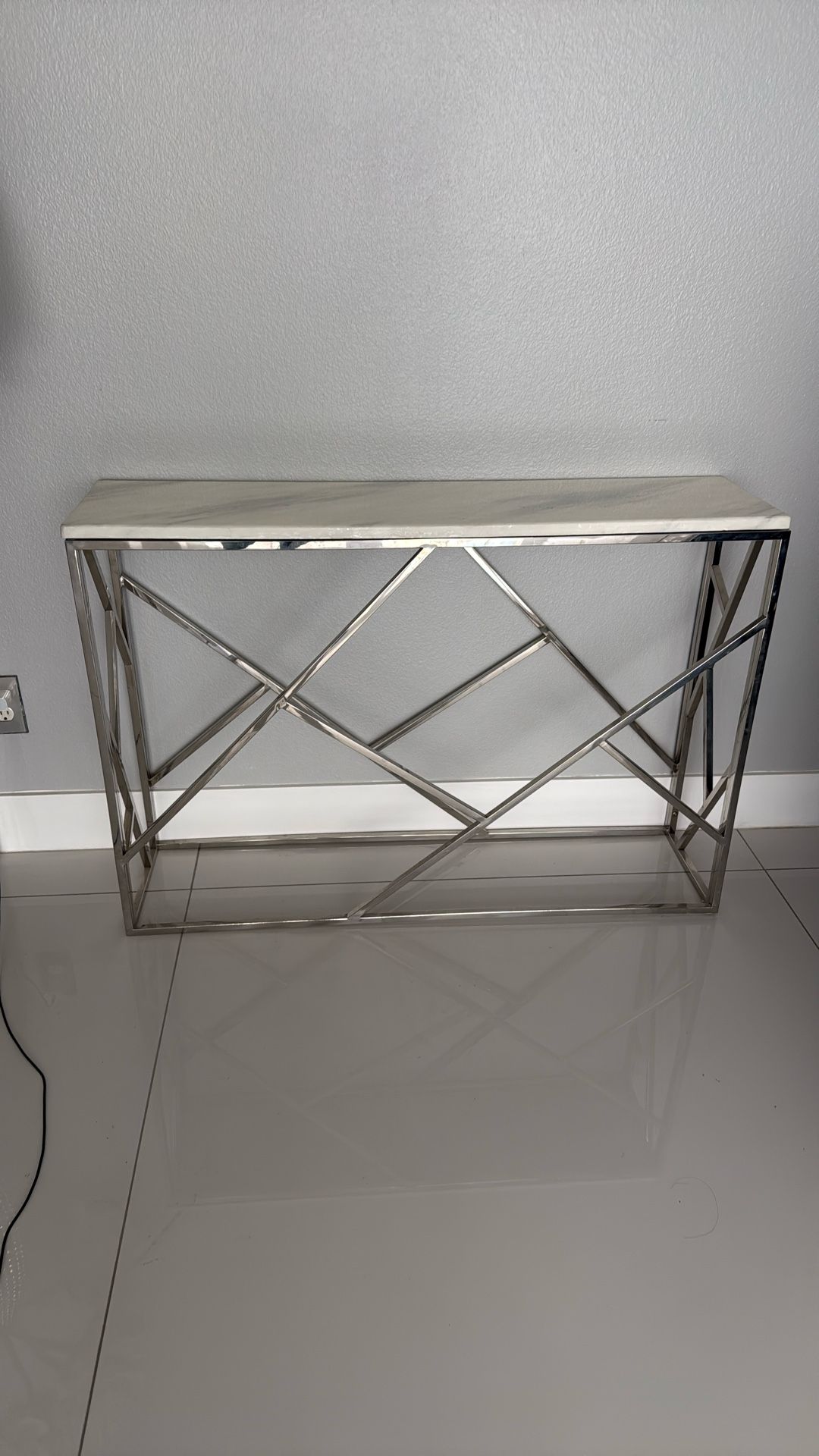 Chrome Silver Faux Marble White Grey Console