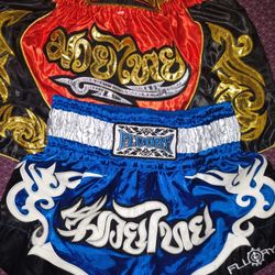 Thai Boxing shiny shorts $60 Size (S/M) Red/Gold - Silver/Blue