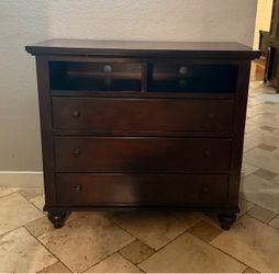 King size dark wood bedroom, set two nightstands one dresser