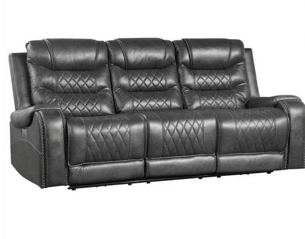 Power Double Reclining Sofa With Drop-Down Cup Holders In Grey