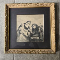 WILLIAM MORRIS HUNT The Fortune Teller c.1859 Lithograph Framed Antique 13x13"