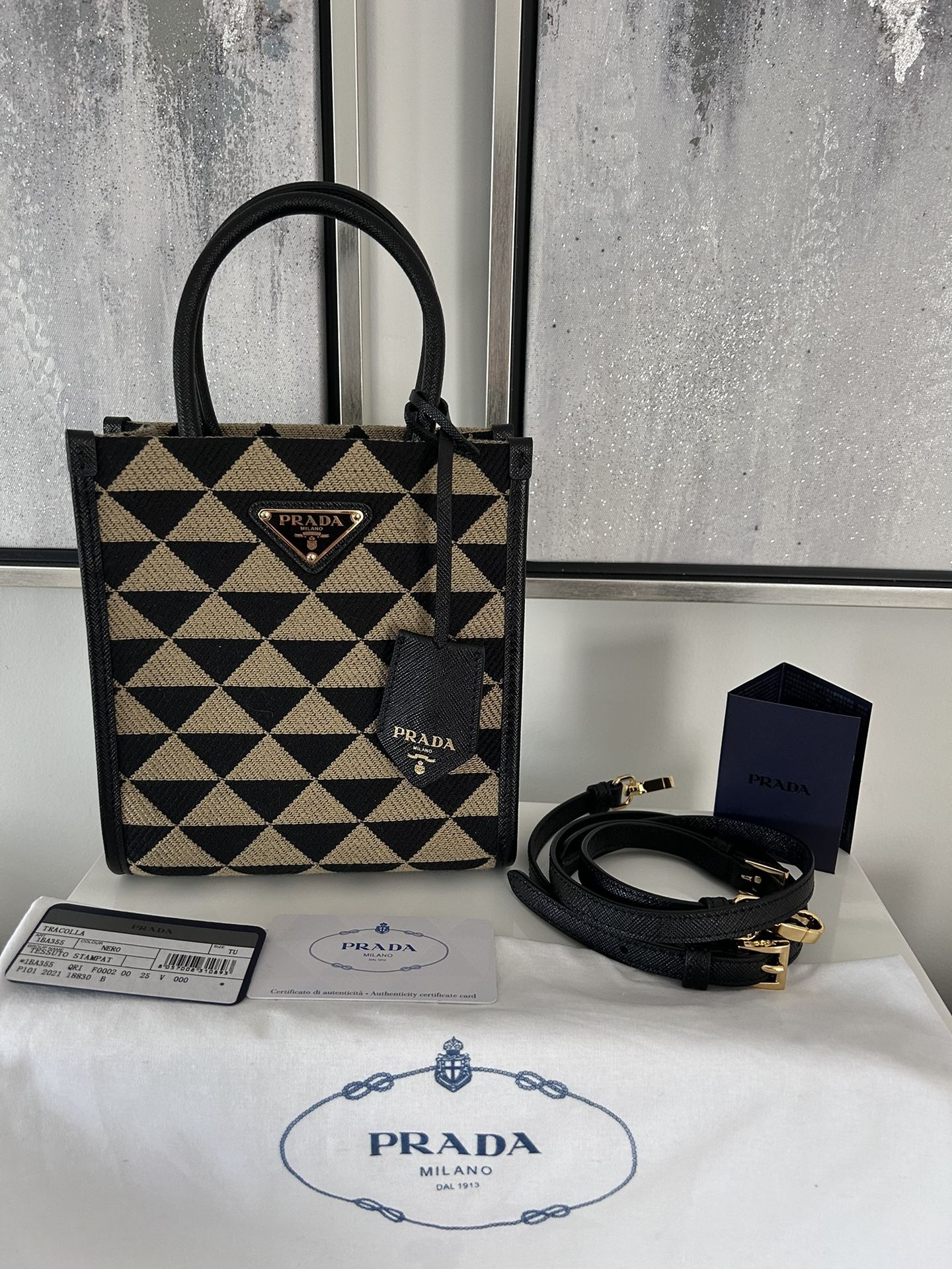 Prada Symbole Mini Tote Beige/Black Embroidered Jacquard Crossbody Bag NEW