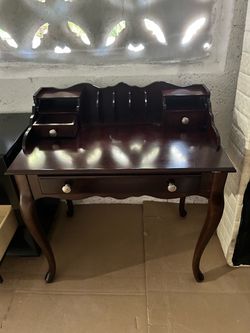 Dark Cherry Wood Writing Desk with Hutch