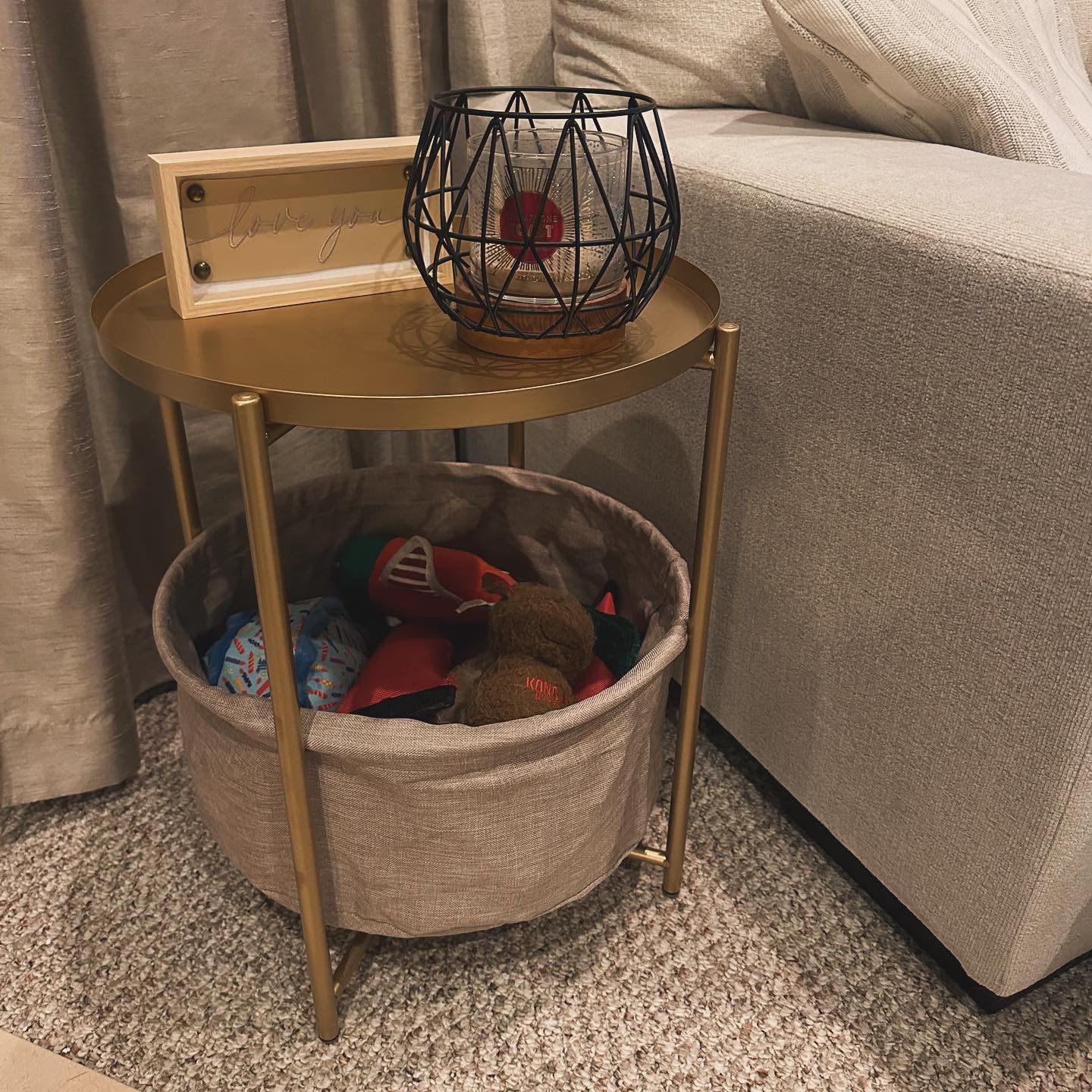 Round Golden End Table with a Storage Basket!