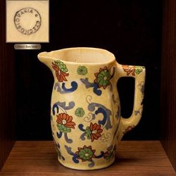 ANTIQUE Czechoslovakia Art Pottery Pitcher - Hand Painted Floral Folk Art