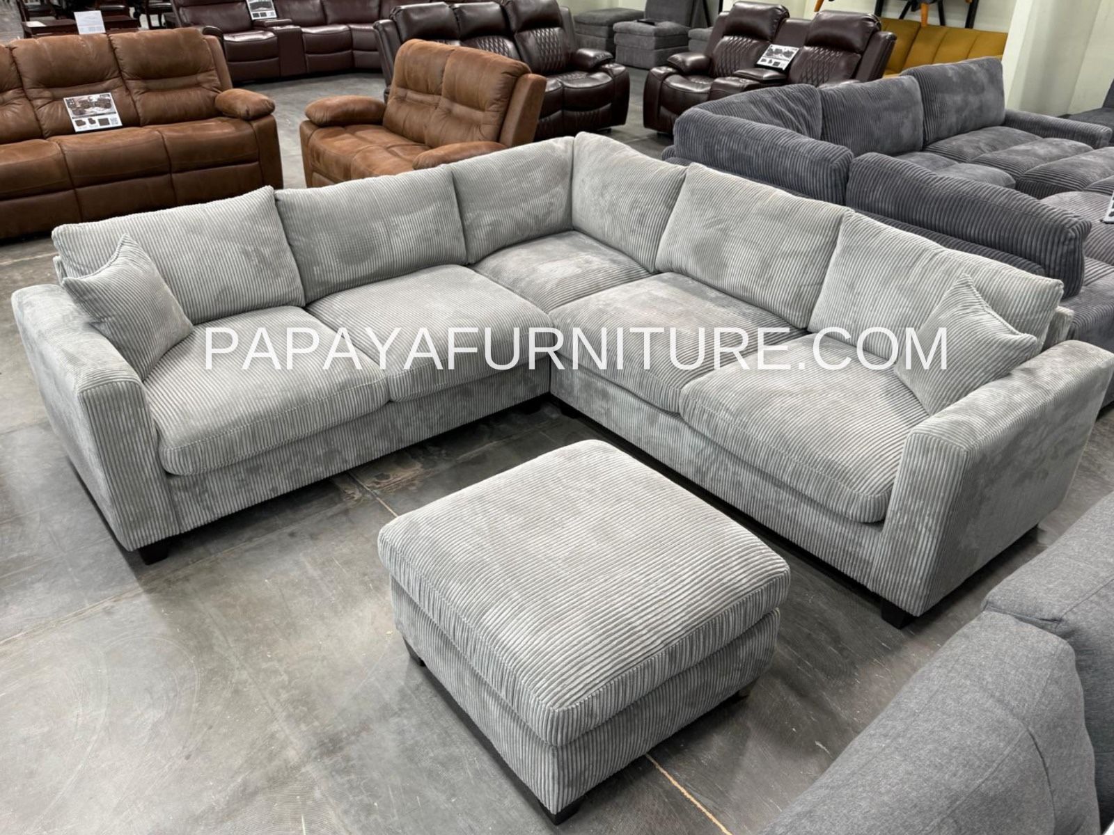 New! Plush Sectional Sofa And Ottoman, Light Grey Sofa, Grey Couch, Grey Sectional Couch, Ottoman, L-Shaped Sofa, Couch, Corduroy Couch, Fluffy Lined