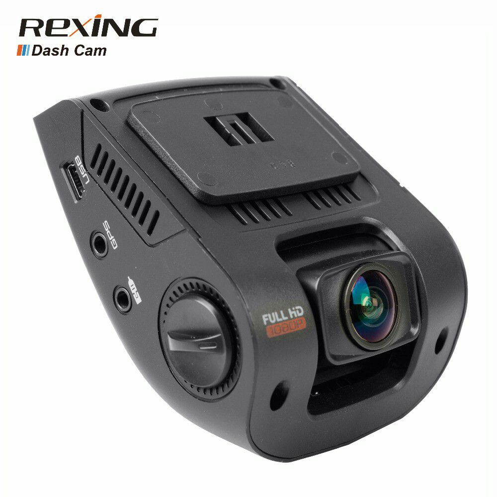 Rexing V1 dash cam with, charger cable and USB cable.