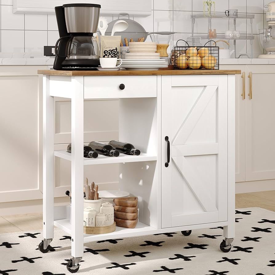 Small Kitchen Island with Storage, Kitchen Island on Wheels with Wine Rack, Coffee Cart, Microwave Cart for Kitchen,Dining Room，White