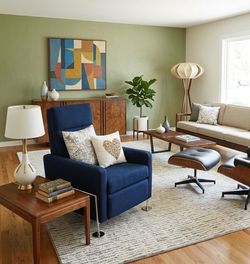 New West Elm Blue Velvet Modern profile recliner