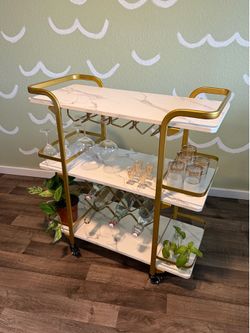 Marbled Gold Bar Cart with 3 Tiers for Storage, Serving Cart 4 Rows of Glass Holders & 8 Wine Racks