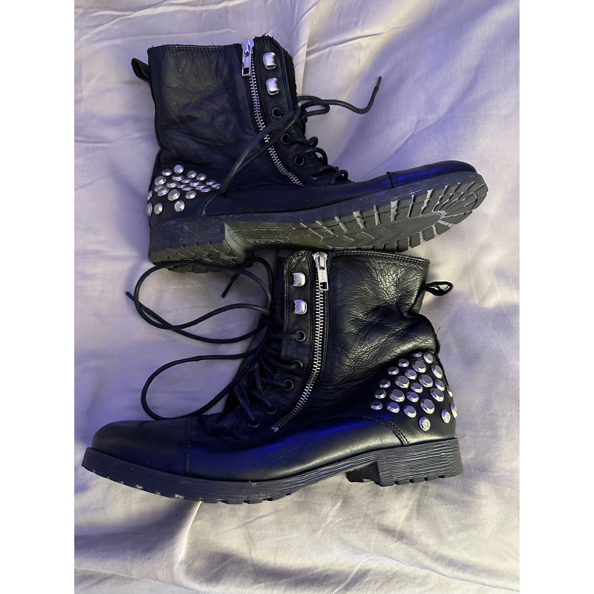 Aldo Black Leather Studded Combat Boots