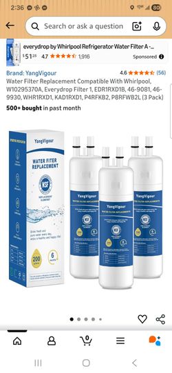 Water Filter Replacement Compatible With Whirlpool, W10295370A. Evervdrop Filter 1. EDR1RXD1B. 46-9081. 46- 9930, WHR1RXD1, KAD1RXD1, P4RFKB2, P8RFWB2
