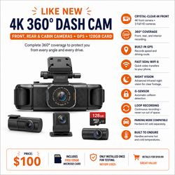 Like New 4K 360° Dash Cam, Front, Rear & Cabin Cameras + GPS + 128GB Card
