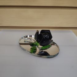 Crystal Glass Rose on Mirror oval base figurine - $14.99 ( NEW ) black / green. Valentine 