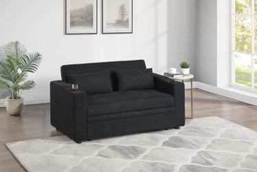 Loveseat Convertible Bed Black Sherpa fabric, USB Port and Cupholders. 