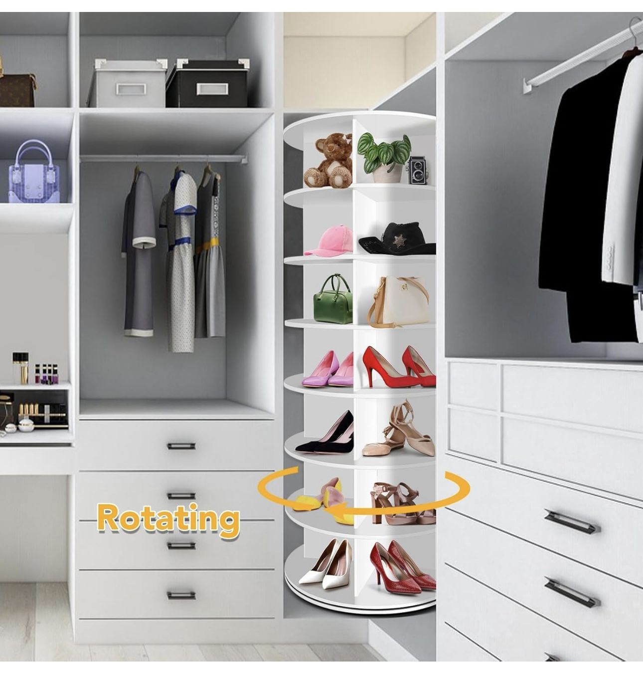 7 Tier Rotating Shoe Rack, 360° Revolving Free Standing Organizer Multifunctional Storage Bookshelf