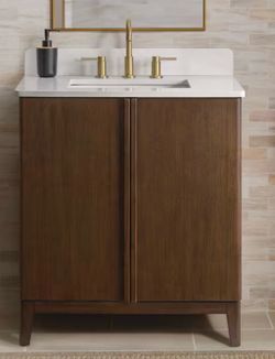 Sellan 31 in. Single Sink Freestanding Bathroom Vanity in Dark Walnut with Calacatta White Quartz Top (Assembled)