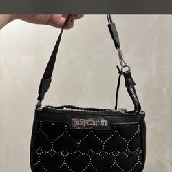 Juicy Couture Black Mini Bag/wristlet With Sliver Studded Hearts
