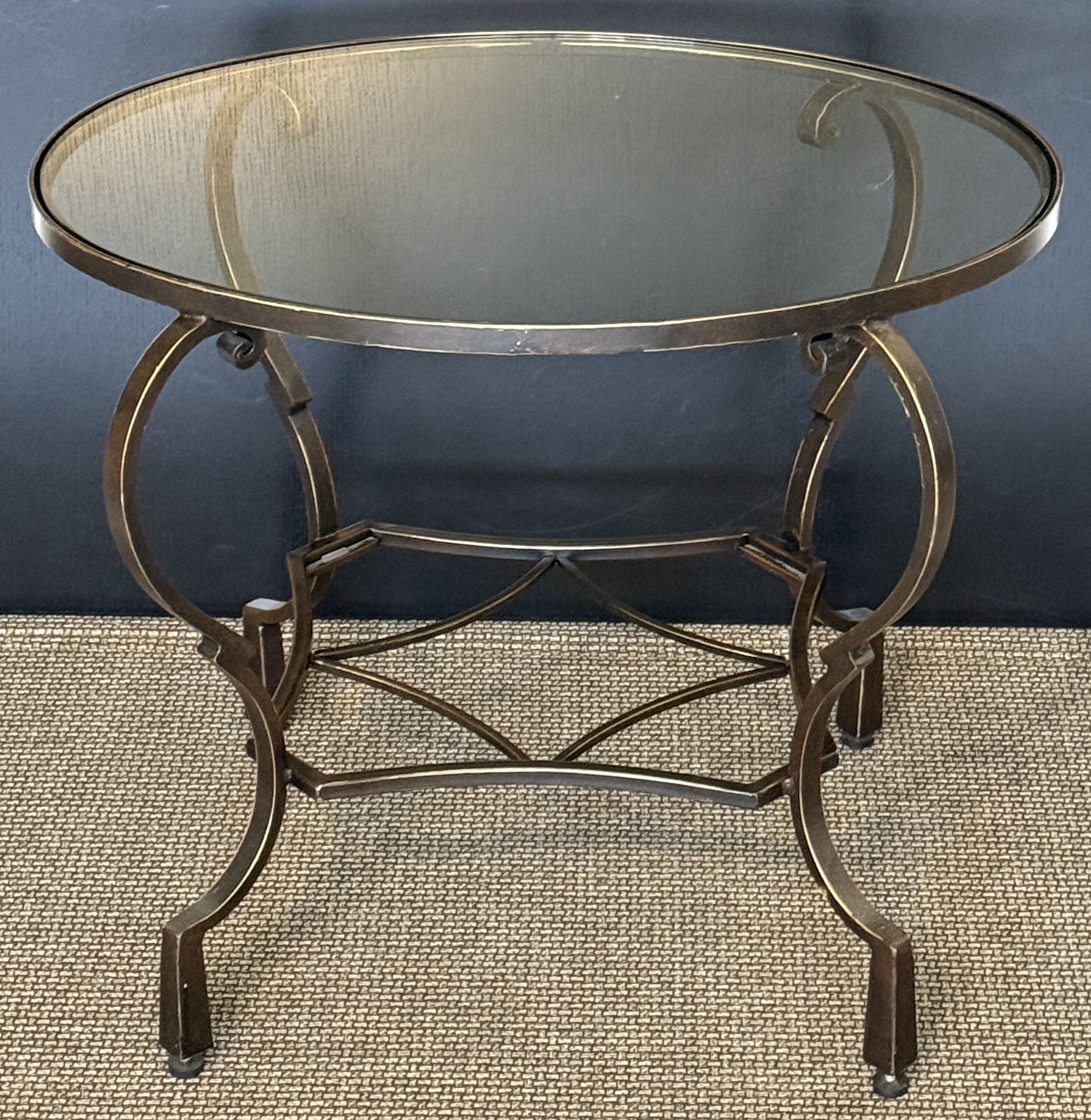 Oval Glass Coffee Table Heavy Wrought Iron Base Scroll Design