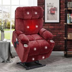 Red Fabric Power Lift Recliner Chair with Heat Massage 2-Cup Holders and Storage Pockets
