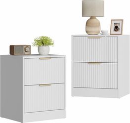 Set of 2 White Nightstand with 2 Storage Drawers, Modern Fluted Night Stand Bedside Table, Bed Side End Table with Golden Handles for Bedroom, White  