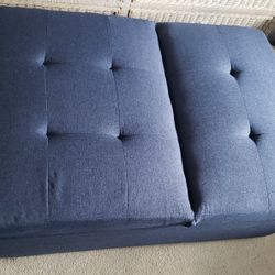 BLUE OTTOMAN, CHAIR, BED