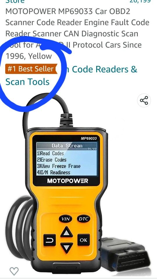 MOTOPOWER MP69033 Car OBD2 Scanner Code Reader Engine Fault Code Reader Scanner CAN Diagnostic Scan Tool for All OBD II Protocol Cars Since 1996, Yell