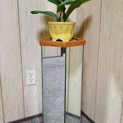 Mid Century Vintage 70s Mirrored Display Plant Stand 24" Hexagon Wood Framed Pedestal 