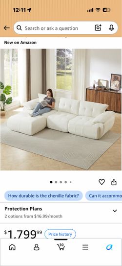 115" Large Modern 3-Seater Chenille Sofa, Curved Backrest, Beige