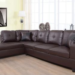 Brown Faux Leather sectional with storage Ottoman