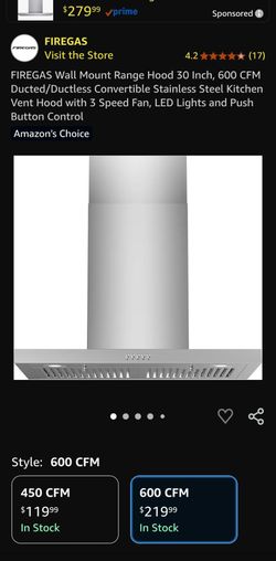 FIREGAS 30 Inch Wall Mount Range Hood - 600 CFM