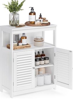 Bathroom Storage Cabinet, with 2 Shutter Doors, 31.5" H, White Bathroom Floor Cabinet, Adjustable Shelves, MDF, SAGGIO Collection UBBC40WT