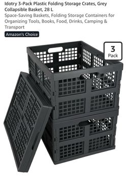 Idotry 3-Pack Plastic Folding Storage Crates, Grey Collapsible Basket, 28 L
