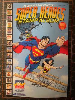 DC 1998- Celebrate The Century Super Heroes Stamp Album. Bag + board